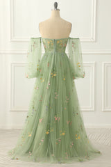 Wedding Photo Ideas, Green Tulle Off the Shoulder A-line Prom Dress with Floral Embroidery