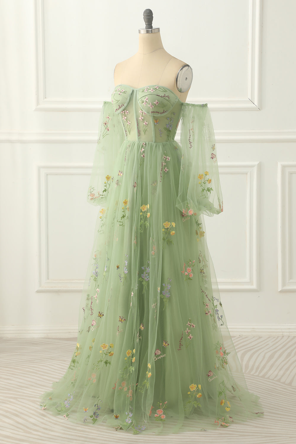 Wedding Inspo, Green Tulle Off the Shoulder A-line Prom Dress with Floral Embroidery