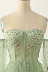 Spring Wedding, Green Tulle Off the Shoulder A-line Prom Dress with Floral Embroidery