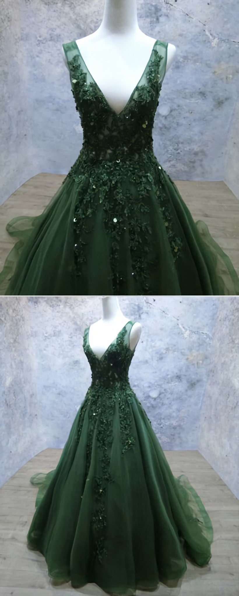 Party Dress Code Man, Dark Green Tulle Long Lace Appliques V Neck Prom Dress