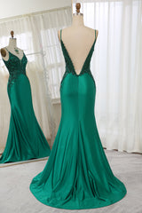 Party Dresses Design, Dark Green Spaghetti Straps Mermaid Satin Prom Dress With Appliques