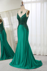 Party Dress Designer, Dark Green Spaghetti Straps Mermaid Satin Prom Dress With Appliques