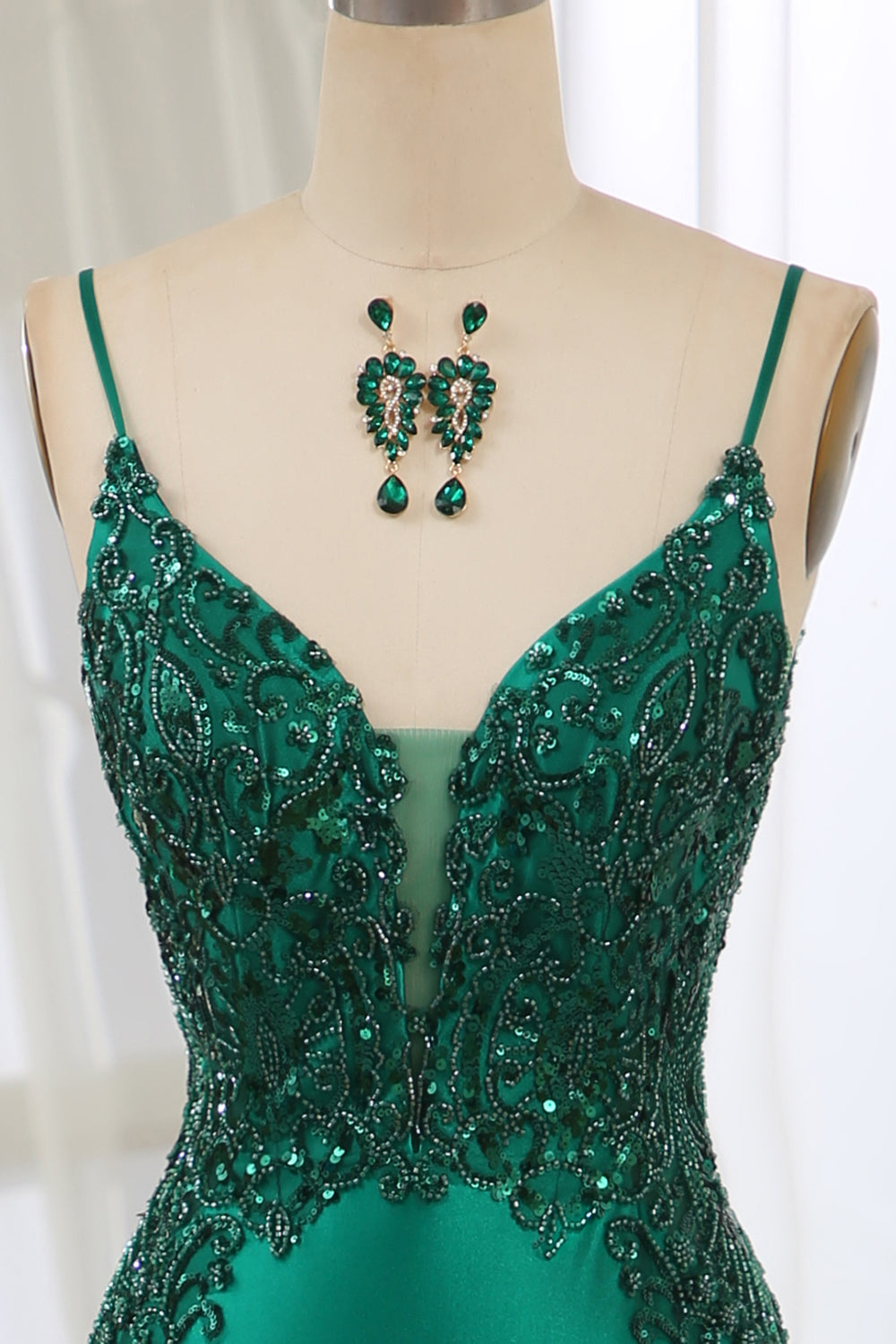 Party Dresses Designs, Dark Green Spaghetti Straps Mermaid Satin Prom Dress With Appliques