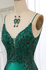 Party Dresses Teens, Dark Green Spaghetti Straps Mermaid Satin Prom Dress With Appliques