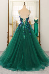 Party Dress In Store, Glitter Dark Green A-Line Tulle Spaghetti Straps Long Prom Dress With Sequin