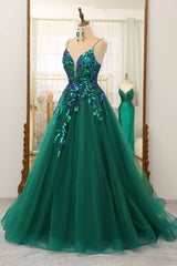 Party Dress Style Shop, Glitter Dark Green A-Line Tulle Spaghetti Straps Long Prom Dress With Sequin