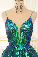 Party Dresses In Store, Glitter Dark Green A-Line Tulle Spaghetti Straps Long Prom Dress With Sequin
