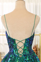 Party Dresses 2035, Glitter Dark Green A-Line Tulle Spaghetti Straps Long Prom Dress With Sequin