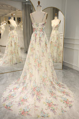 Dress Casual, A-Line Print Flower Spaghetti Straps Zipper Back Long Prom Dress With Split