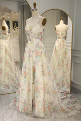 Dressy Outfit, A-Line Print Flower Spaghetti Straps Zipper Back Long Prom Dress With Split