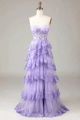 Party Dresses Style, Glitter Purple A-Line Sweetheart Long Tiered Prom Dress With Slit