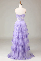 Party Dresses Styles, Glitter Purple A-Line Sweetheart Long Tiered Prom Dress With Slit