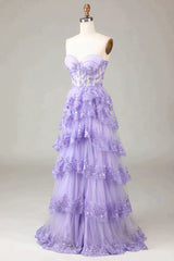 Party Dress Hair Style, Glitter Purple A-Line Sweetheart Long Tiered Prom Dress With Slit