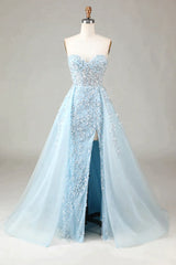 Bridesmaid Dresses Yellow, Luxurious Glitter Light Blue Long Corset Prom Dress With Sweep Train