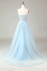 Bridesmaid Dresses Floral, Luxurious Glitter Light Blue Long Corset Prom Dress With Sweep Train