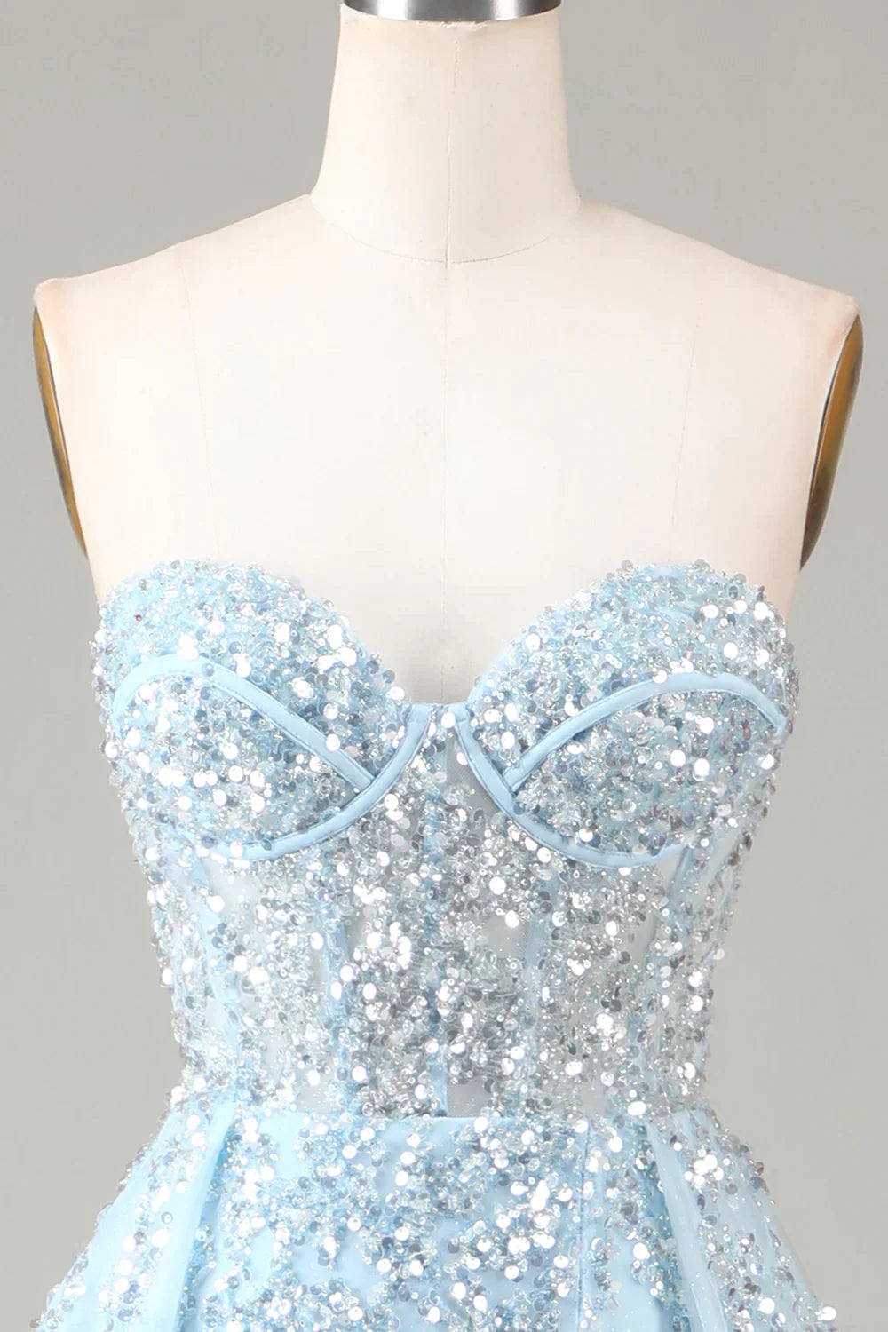 Bridesmaid Dresses Lavender, Luxurious Glitter Light Blue Long Corset Prom Dress With Sweep Train
