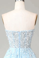 Winter Wedding, Luxurious Glitter Light Blue Long Corset Prom Dress With Sweep Train