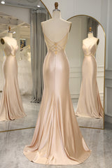 Bridesmaids Dress Trends, Simple Champagne Spaghetti Straps Long Mermaid Satin Prom Dress