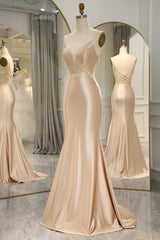 Bridesmaid Dresses Trends, Simple Champagne Spaghetti Straps Long Mermaid Satin Prom Dress