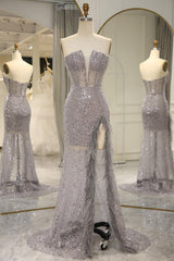 Prom Dress Two Pieces, Sparkly Grey Strapless Long Mermaid Prom Dress With Feather And Split