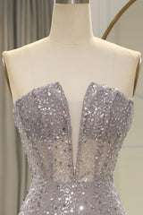 Pink Dress, Sparkly Grey Strapless Long Mermaid Prom Dress With Feather And Split
