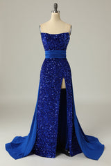Bridesmaid Dresses For Winter Wedding, A Line Strapless Royal Blue Sequins Long Prom Dress with Split Front