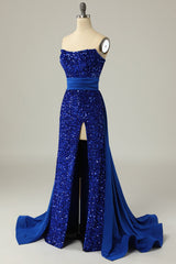 Bridesmaids Dresses Vintage, A Line Strapless Royal Blue Sequins Long Prom Dress with Split Front