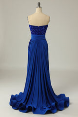 Bridesmaid Dress Vintage, A Line Strapless Royal Blue Sequins Long Prom Dress with Split Front