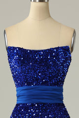 Bridesmaid Dress Winter, A Line Strapless Royal Blue Sequins Long Prom Dress with Split Front