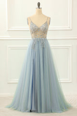 Party Dress For Teen, Blue Beading Tulle A Line Sparkly Prom Dress