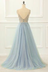 Party Dress For Teens, Blue Beading Tulle A Line Sparkly Prom Dress