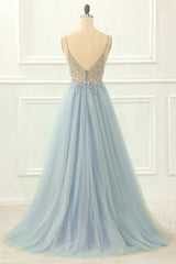 Bridal Dress, Gorgeous Tulle A-line Spaghetti Straps Long Prom Dress with Beading