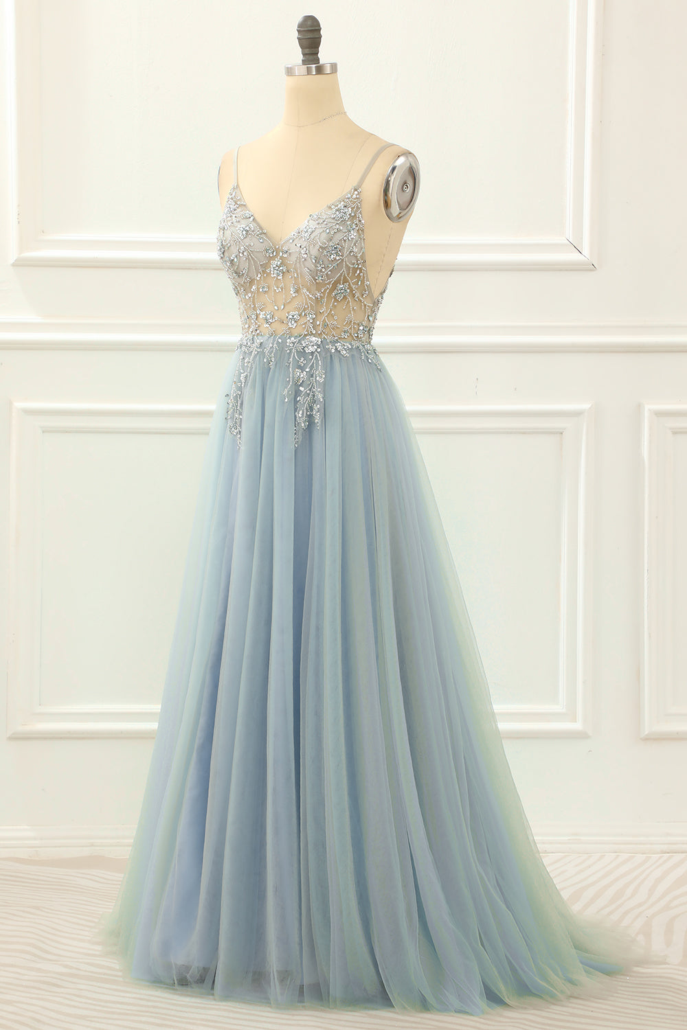 Party Dresses For Teen, Blue Beading Tulle A Line Sparkly Prom Dress