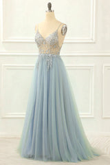 Bridesmaid Dresses Velvet, Gorgeous Tulle A-line Spaghetti Straps Long Prom Dress with Beading