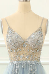 Party Dress Website, Blue Beading Tulle A Line Sparkly Prom Dress