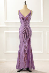 Backless Prom Dress, Purple V-neck Sparkly Prom Dress with Slit