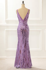 Long Dress Formal, Purple V-neck Sparkly Prom Dress with Slit