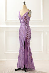 Strapless Dress, Purple V-neck Sparkly Prom Dress with Slit