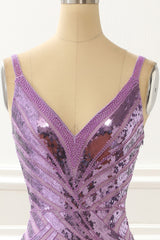 Cocktail Dress Prom, Purple V-neck Sparkly Prom Dress with Slit
