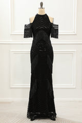 Party Dress Beige, Black Halter Sequin Glitter Prom Dress with Fringes