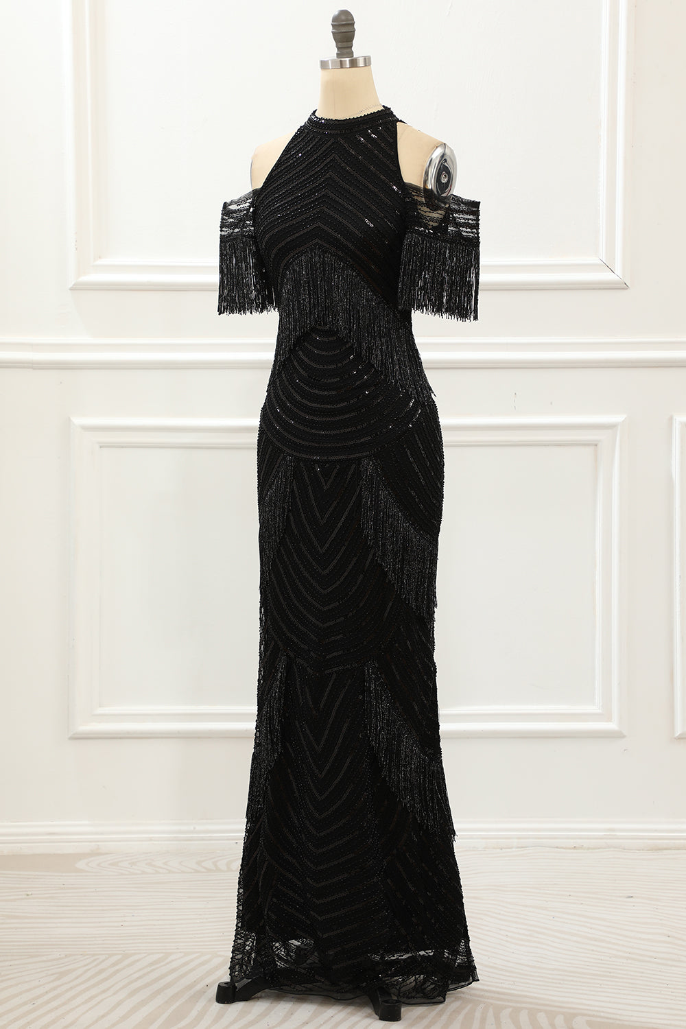 Simple Dress, Black Halter Sequin Glitter Prom Dress with Fringes