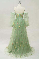 Long Sleeve Dress, Green Off The Shoulder Long  Sleeves A-Line Prom Dress With Embroidery