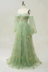 Black Tie Wedding, Green Off The Shoulder Long  Sleeves A-Line Prom Dress With Embroidery