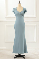 Sparklie Prom Dress, Blue Satin Simple Prom Dress with Ruffles