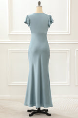 Long Prom Dress, Blue Satin Simple Prom Dress with Ruffles