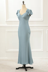 Girl Dress, Blue Satin Simple Prom Dress with Ruffles