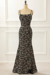 Formal Dresses For Winter Wedding, Black Spaghetti Straps Simple Prom Dress with Floral Print