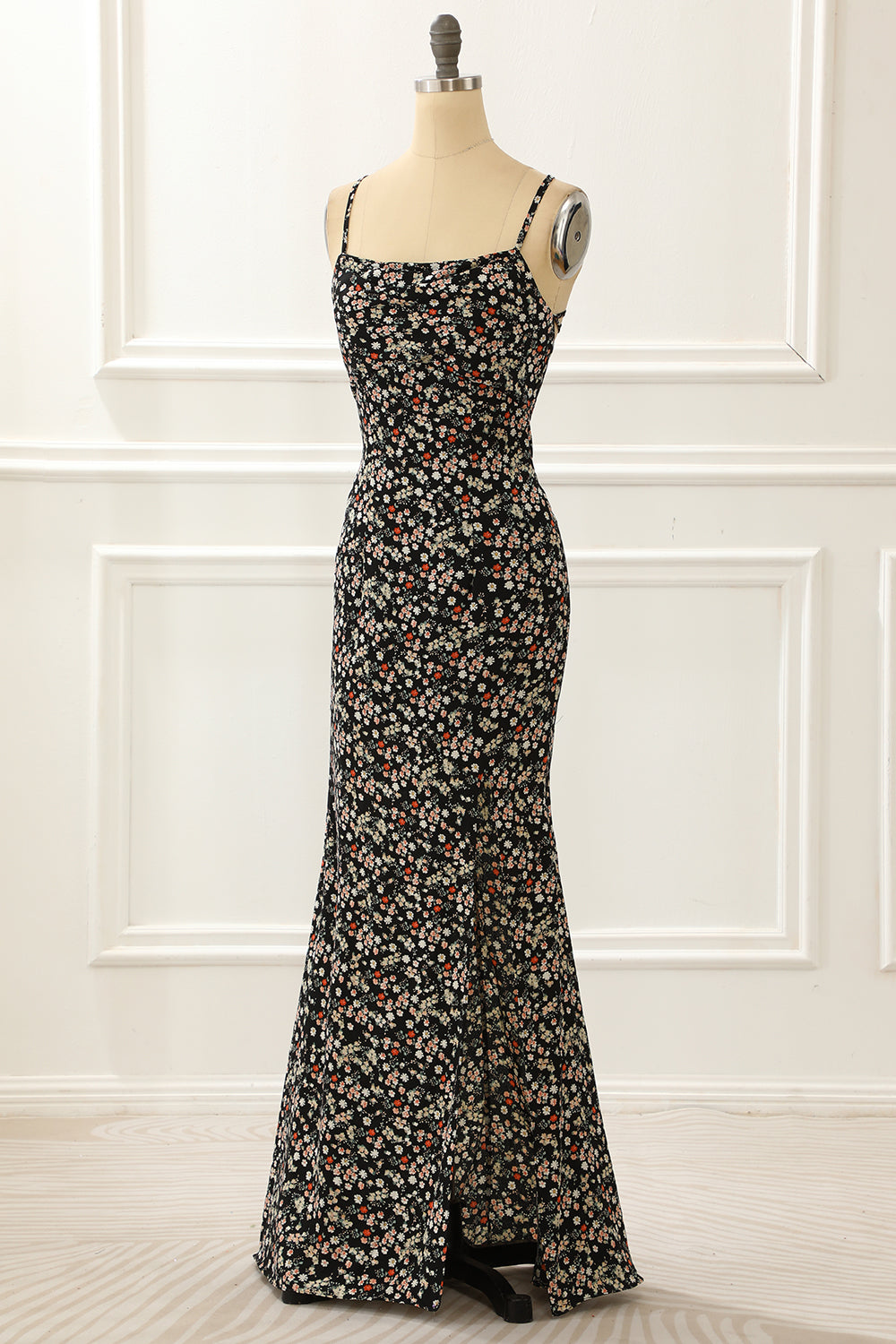 Formal Dress For Girls, Black Spaghetti Straps Simple Prom Dress with Floral Print