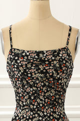 Formal Dresses For Girls, Black Spaghetti Straps Simple Prom Dress with Floral Print