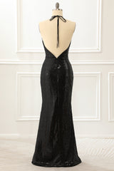 Dress Short, Black Halter Sequin Prom Dress with Slit